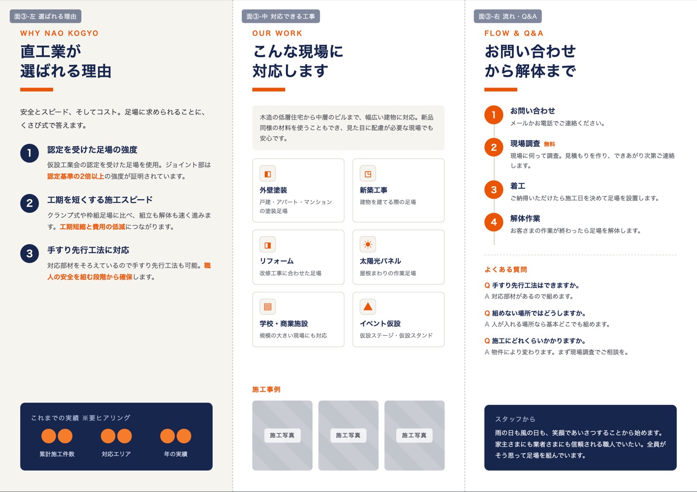 直工業 会社案内の見開きページ。会社概要と足場のビジュアル